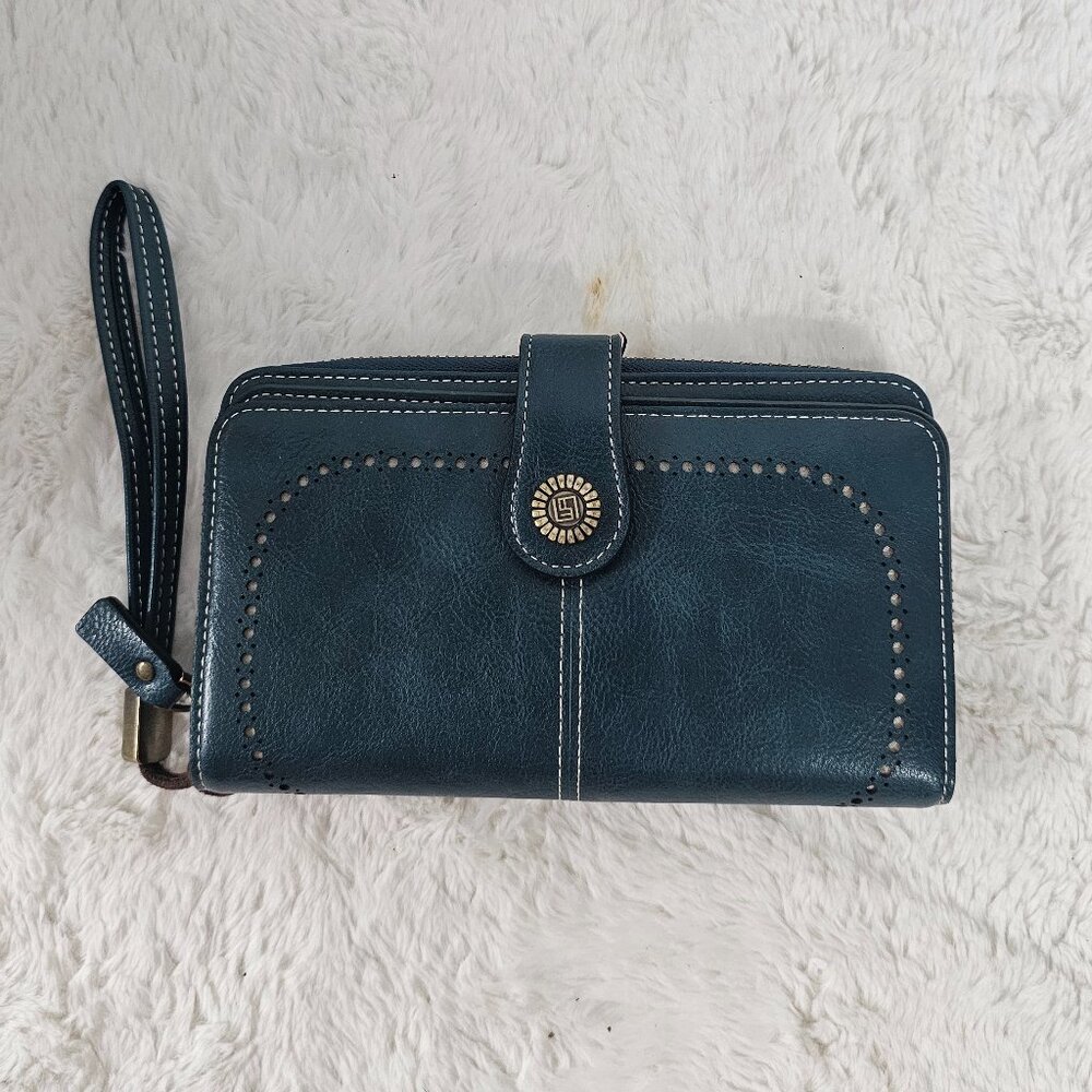 Charm Infinite Teal Wristlet Wallet Faux Leather Zip Around Western